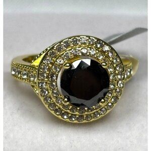 Gold-Tone Halo Ring With Black & Clear Stones